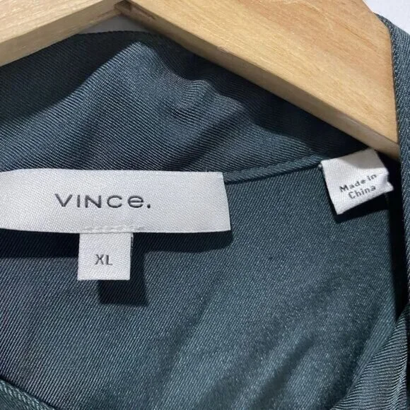 VINCE Women's  Silk Mandarin Collar Button Down Shirt XL Green Belt Pockets - Picture 3 of 10